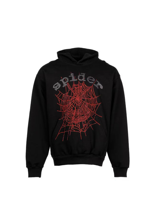 Sp5der Hoodie Black Red Rhinestone