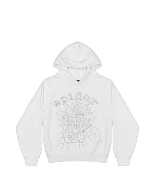 Sp5der Hoodie White Rhinestone